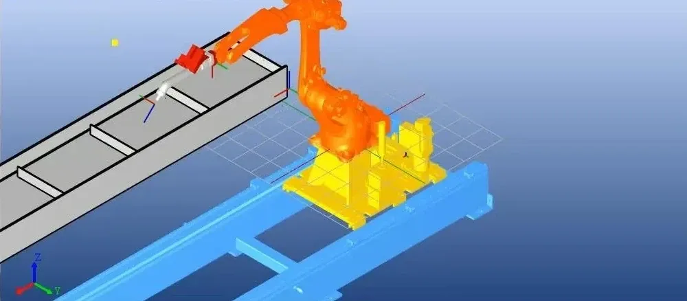 3D simulation of a welding robot on a rail next to an H-beam, showing the planned torch path.